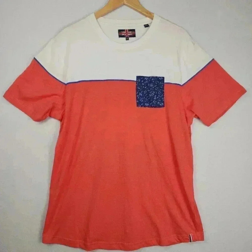 Soul of London Men's Tee Shirt‎ XL Coral White With Blue Pocket